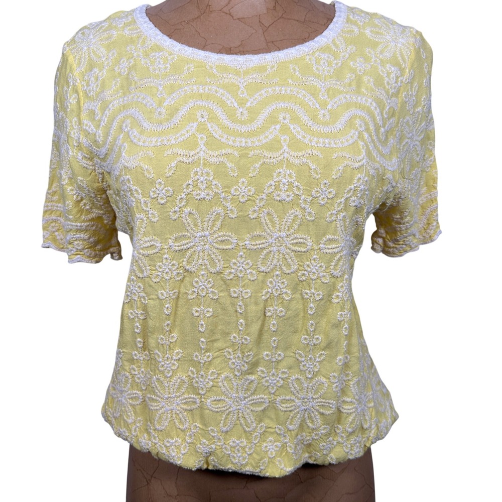 Solitaire‎ Yellow Embroidered Rayon Short Sleeve Blouse Top Large Cottage boho